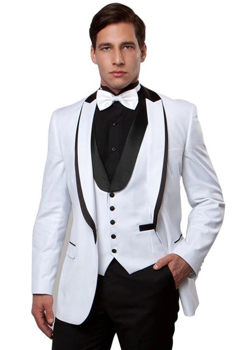 Hvid herretuxedo med satin, peak lapel og vest: Elegant og klar til fest!
